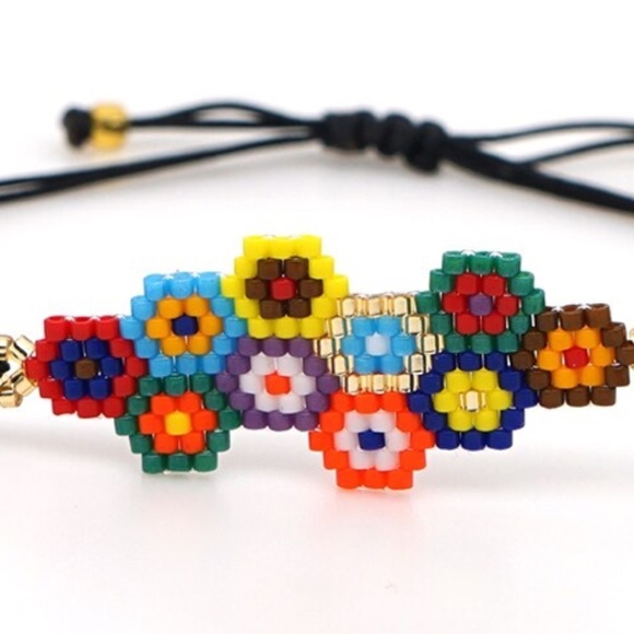 Handmade Beaded Flower Bracelet – Colorful Adjustable Cord Design - Picture 2 of 2